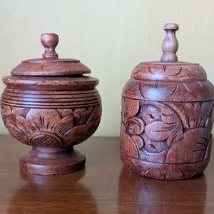 Vintage Pair Of Hand Carved Wooden Jars w Lids Floral Design 1970's 6-6.5 In